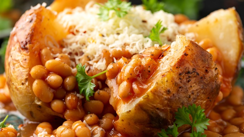 loaded baked potato with beans and cheese