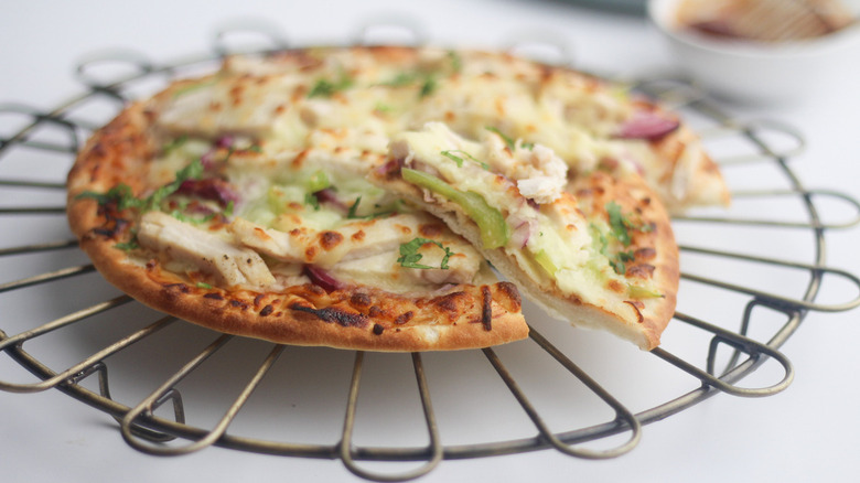 chicken bbq pizza on rack