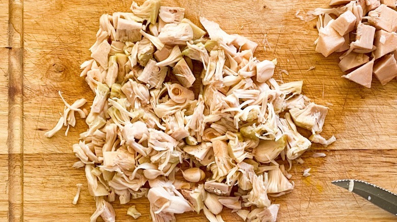 Shredded jackfruit on a cutting board