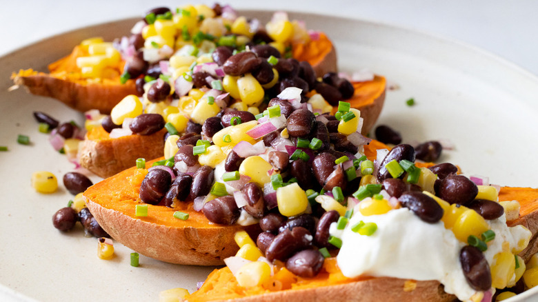 loaded sweet potatoes on plate