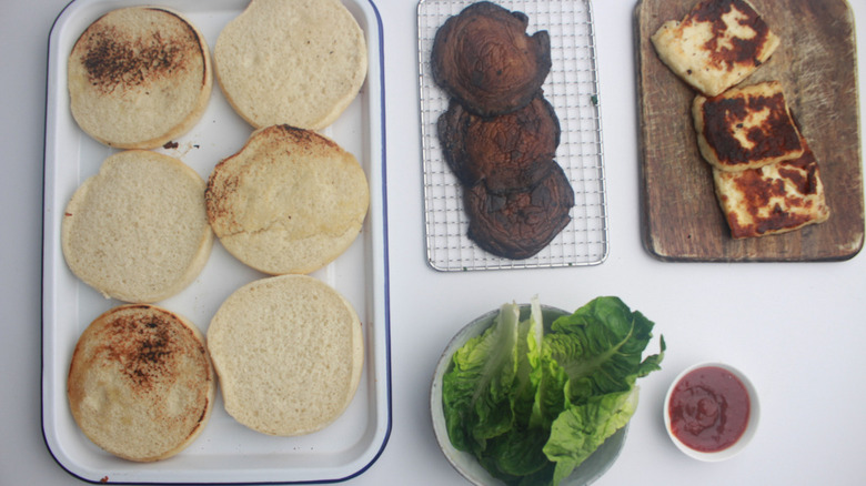 assembly set-up for 15-minute mushroom and halloumi burger