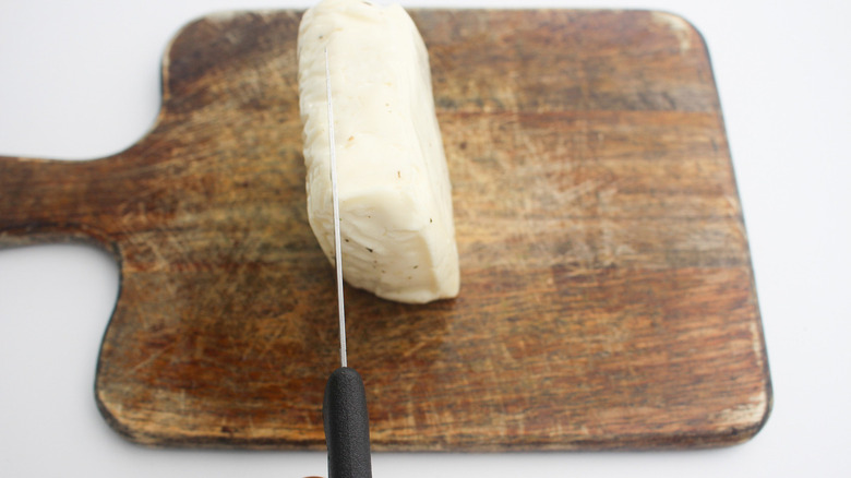 Slicing Halloumi for 15-minute mushroom and halloumi burger