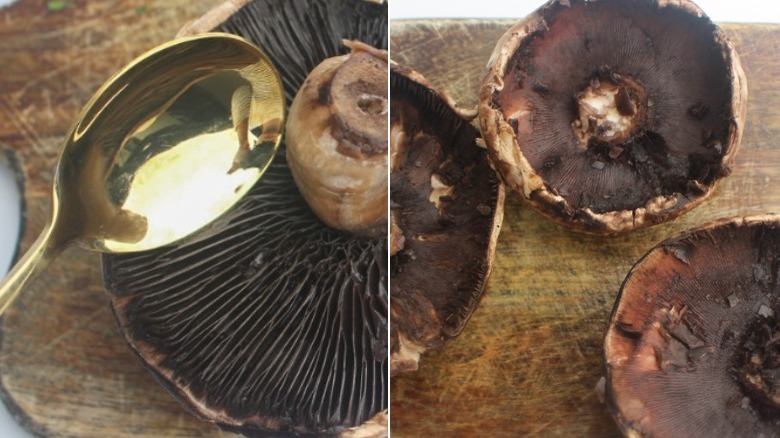 scooping out the stem of portobello mushroom for 15-minute mushroom and halloumi burger