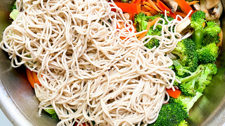 soba noodles among fresh vegetables