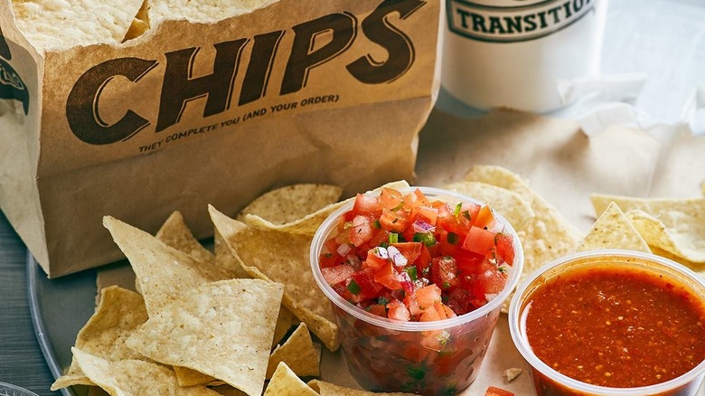 Chipotle chips, salsa, and a drink