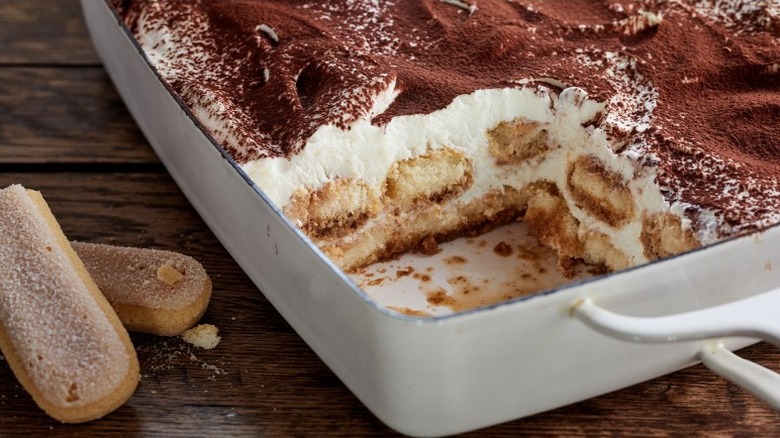 Tray of tiramisu with ladyfingers