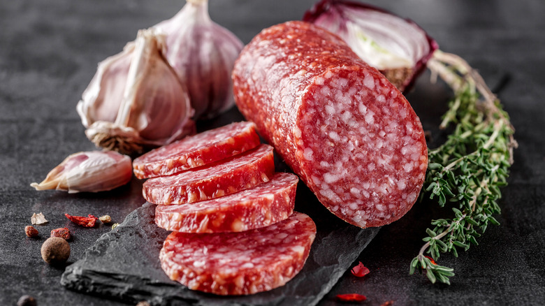 Sliced salami with garlic