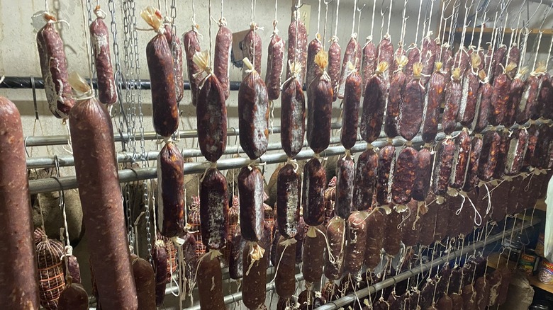 Rows of hanging Soppressata