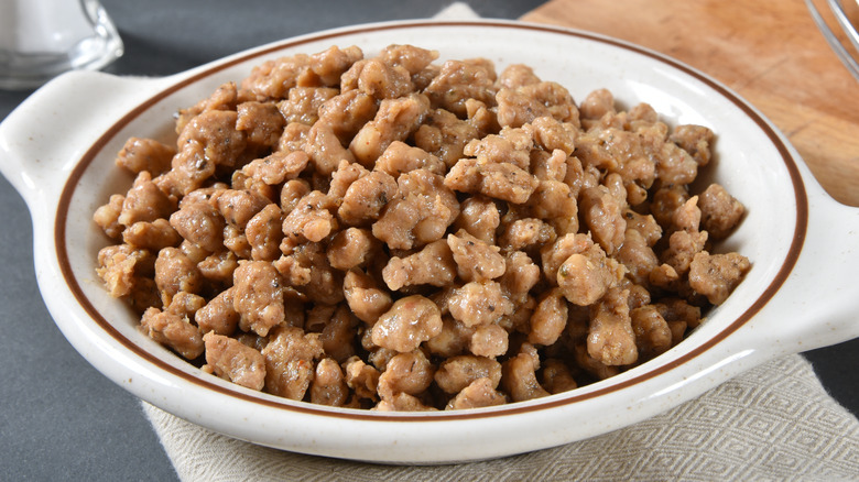 bowl of cooked ground sausage