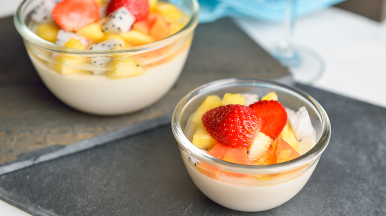 Bowl of fruit salad with custard