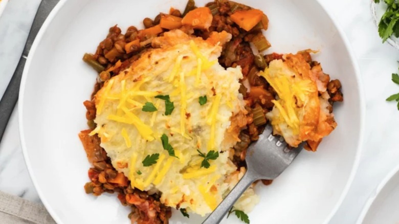 Lentil Shepherd's Pie in a white plate