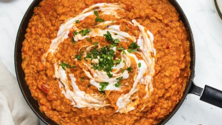 Vegan Red Lentil Curry in a skillet