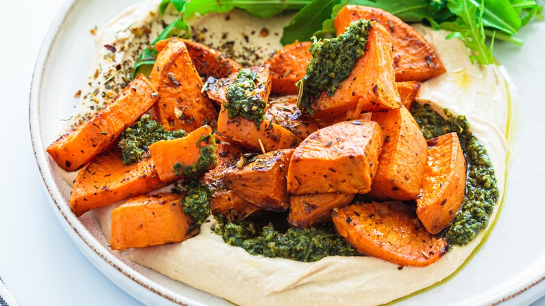 sweet potatoes hummus and pesto