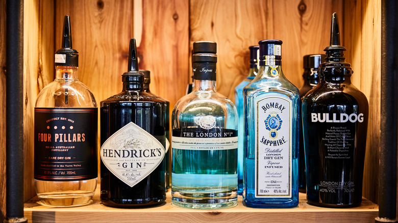 gin bottles on liquor shelf