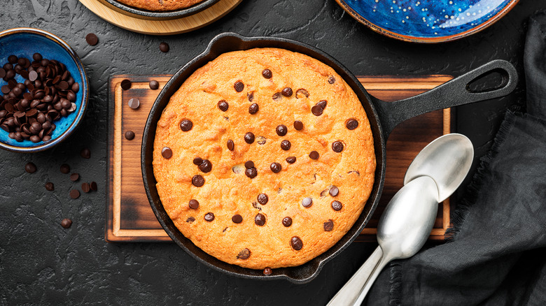 Chocolate chip cookie pie in a cast iron skillet