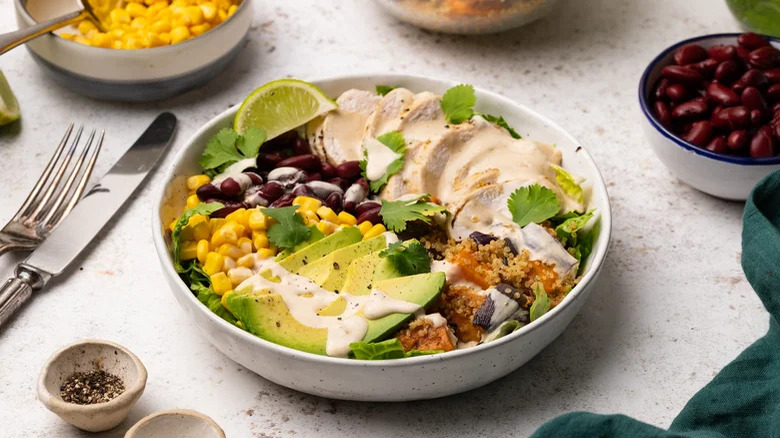 Mexican chicken, corn, and black beans bowl