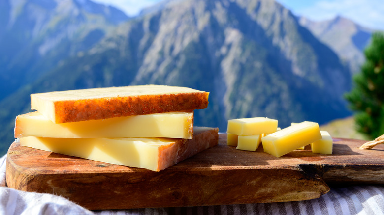 bergkäse on a cutting board, mountains in background