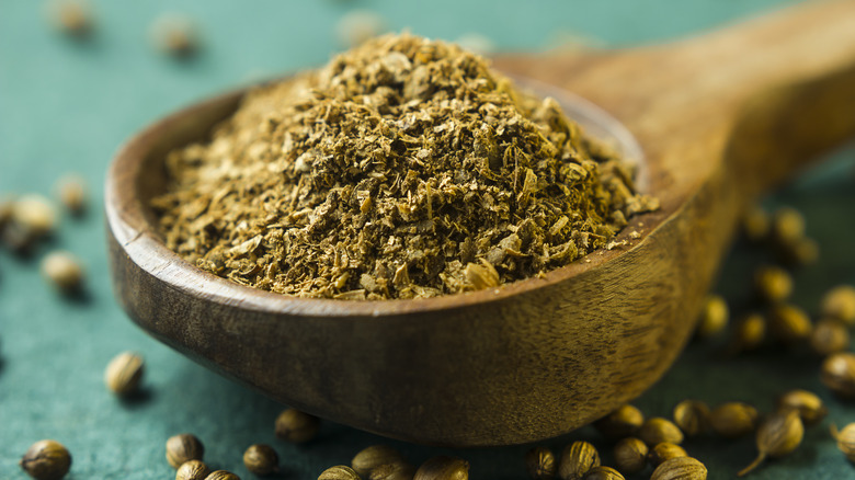 ground coriander on wooden spoon