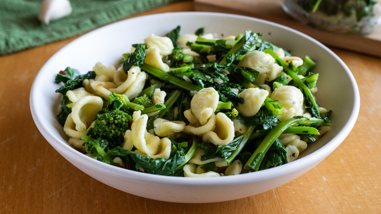 Orecchiette with greens in a bowl 