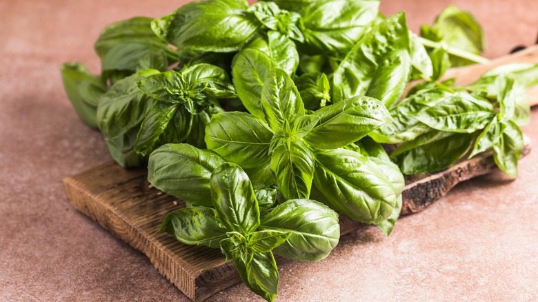 fresh basil leaves on board