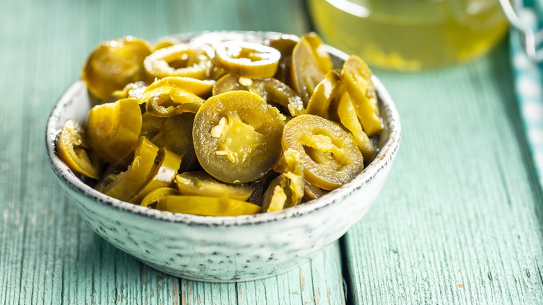 bowl of pickled jalapeño slices