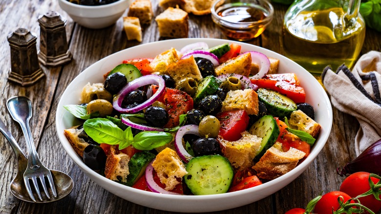 panzanella salad on table