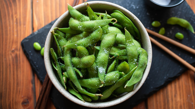 Bowl of salted edamame