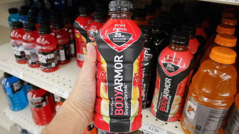 Bottle of Fruit Punch BodyArmor SuperDrink in focus