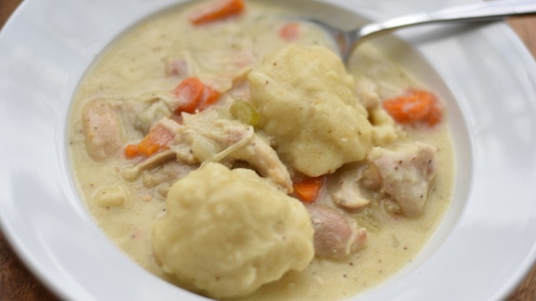 chicken and dumplings in white plate