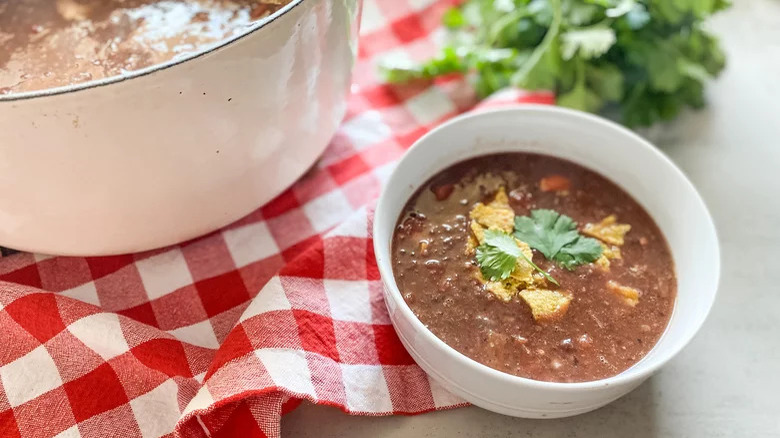 Black bean soup on table