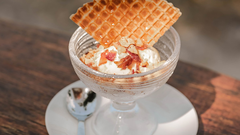 ice cream with bacon and waffle in a bowl