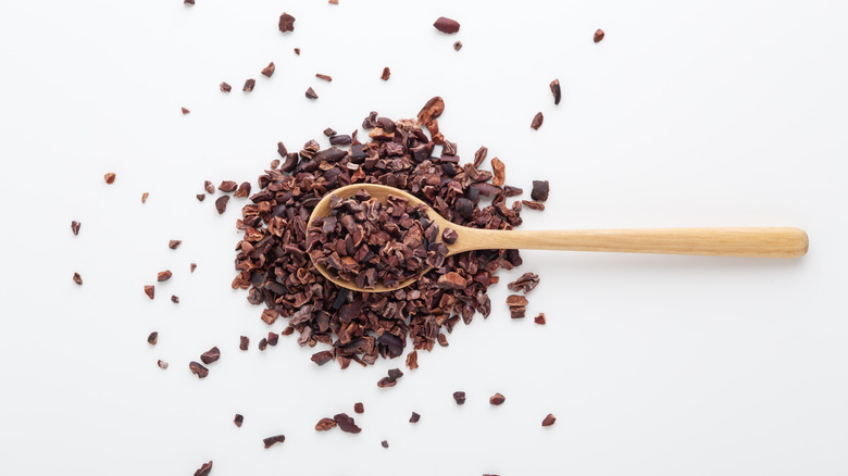 cacao nibs on wooden spoon