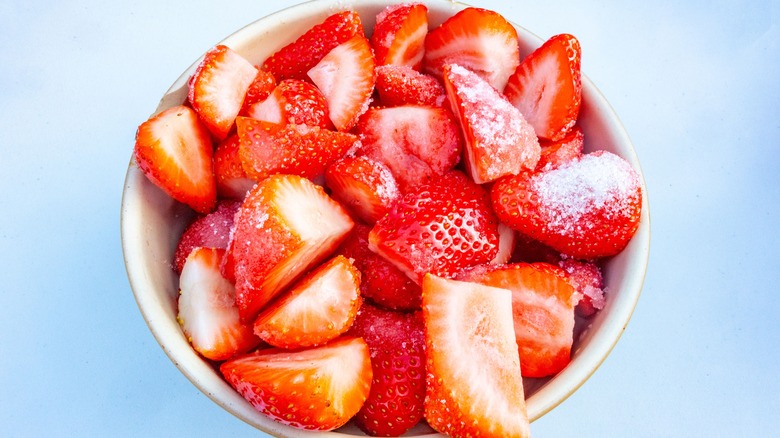 macerated strawberries in bowl 