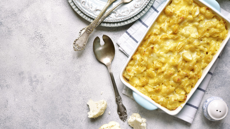 cauliflower mac and cheese in a casserole dish