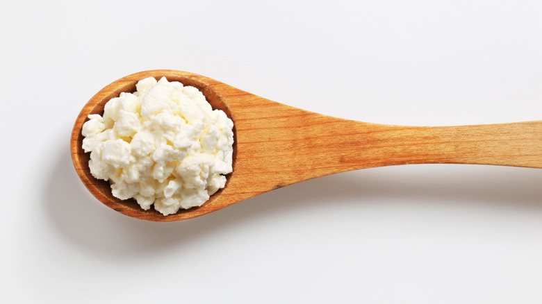 cottage cheese on a wooden spoon