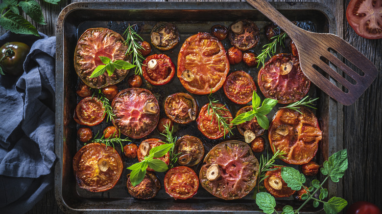 roasted tomatoes on a baking tray