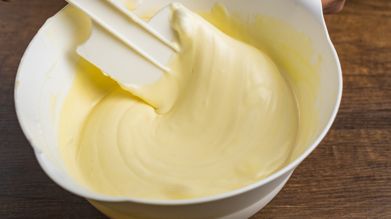 mixing cake batter in bowl