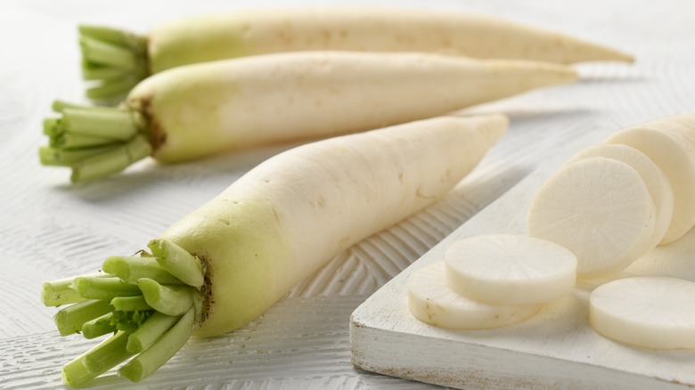 daikon radishes whole and sliced