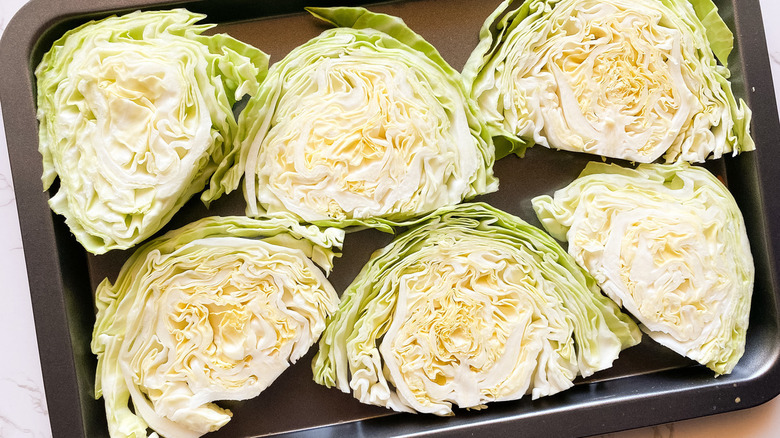 sliced cabbage in pan