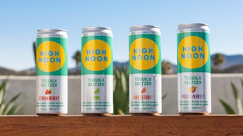 High Noon Tequila Seltzer cans on outdoor ledge