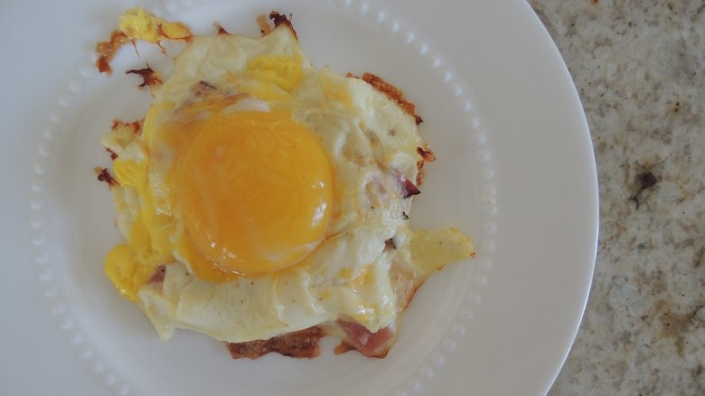 Ham and cheese cloud egg on a plate