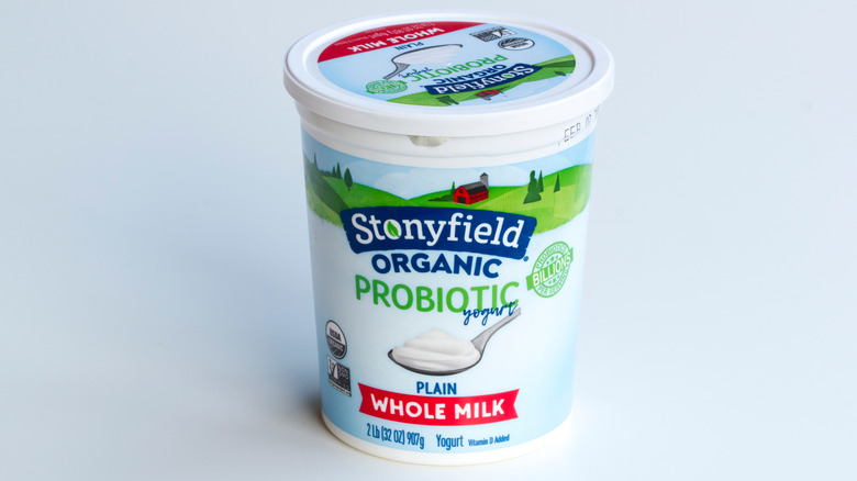 A container of Stonyfield's plain yogurt