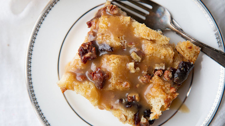 Slice of bread pudding on plate