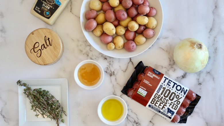 Ingredients set out on white marble backdrop