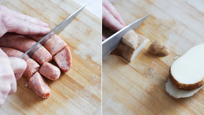 slicing and dicing sausage and potatoes for 20 minutes sausage and potatoes