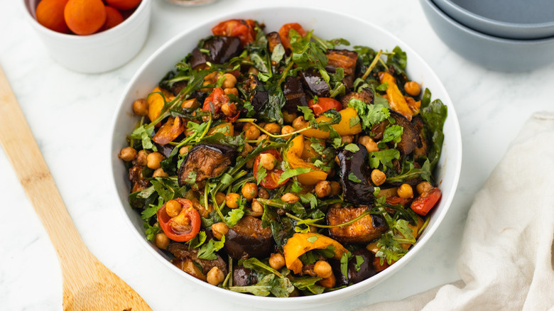 Eggplant salad in white bowl