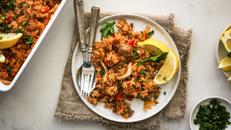 Paella-ish chicken casserole on plate