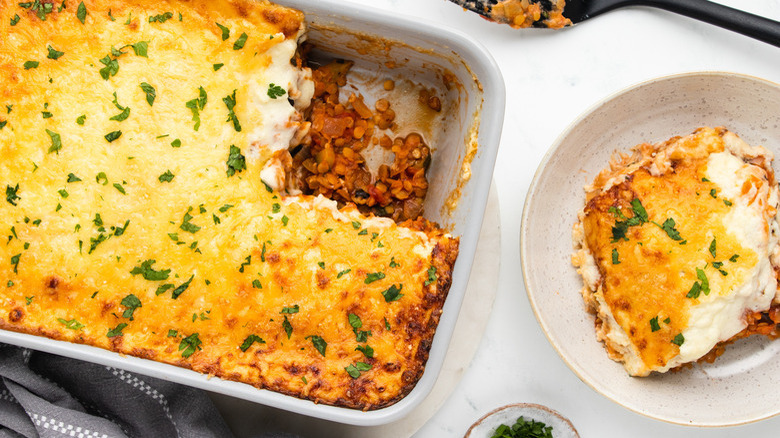 Lentil moussaka in serving dish