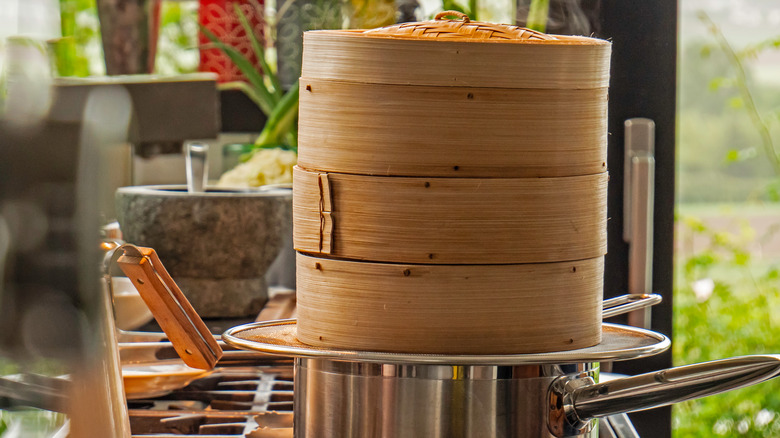 a bamboo steamer in use