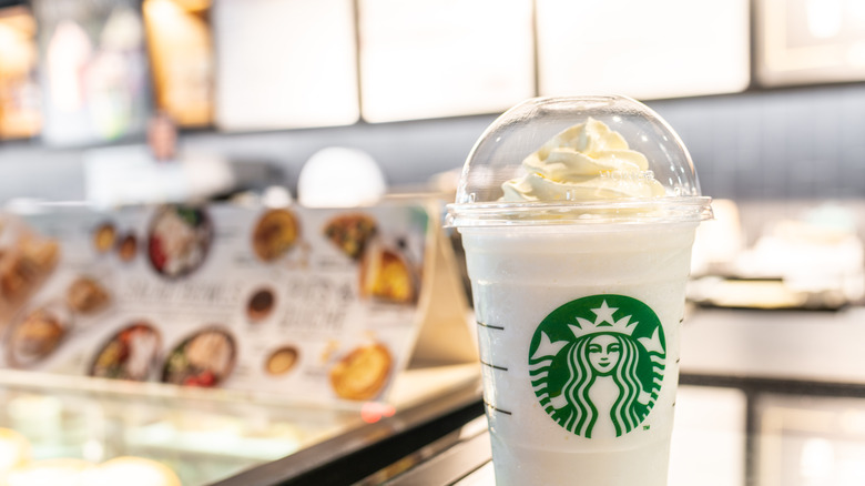 vanilla frappuccino on glass counter